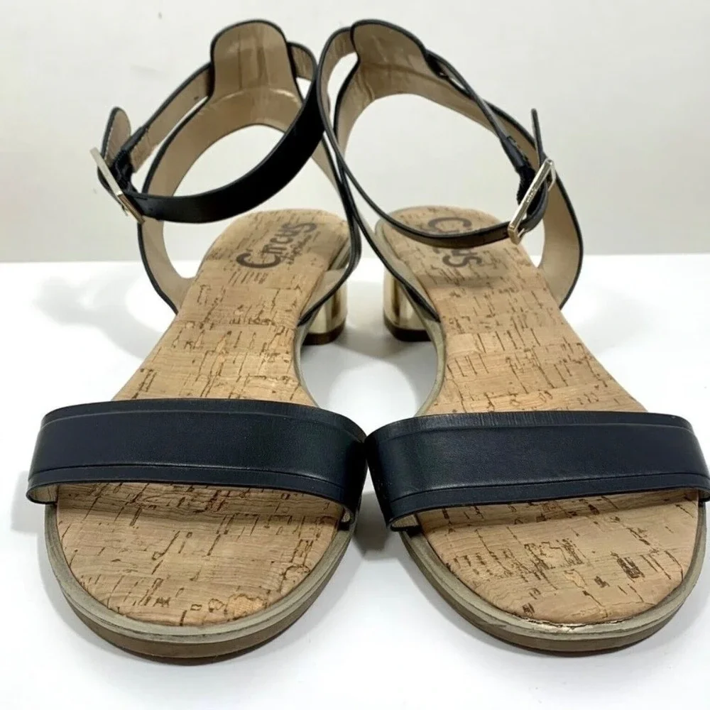 Circus by Sam Edelman Tate Black Ankle Strap Gold Block Heel Sandals 10.5WW